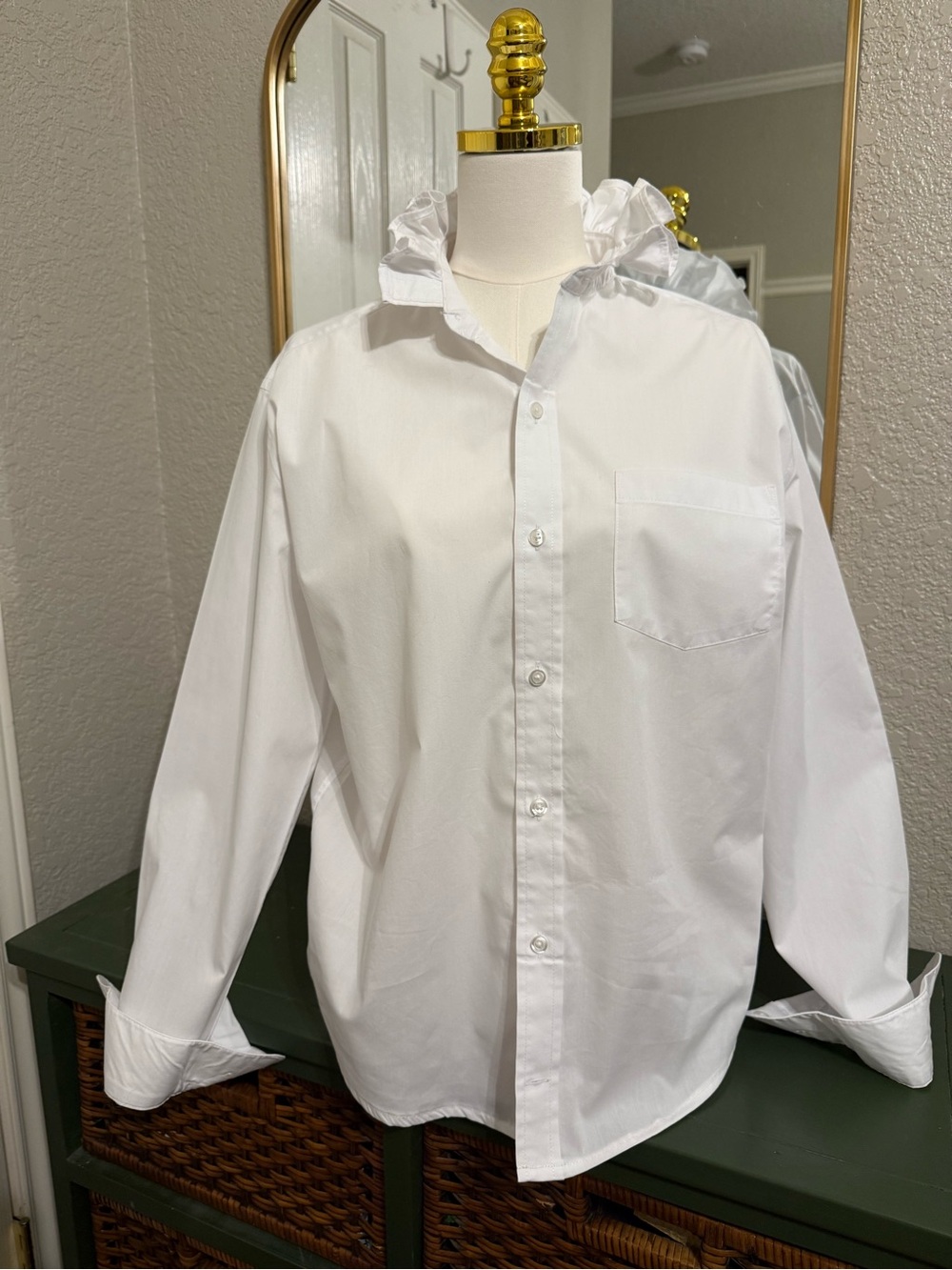 Woman’s White Button-Up Ruffle Collar shirt